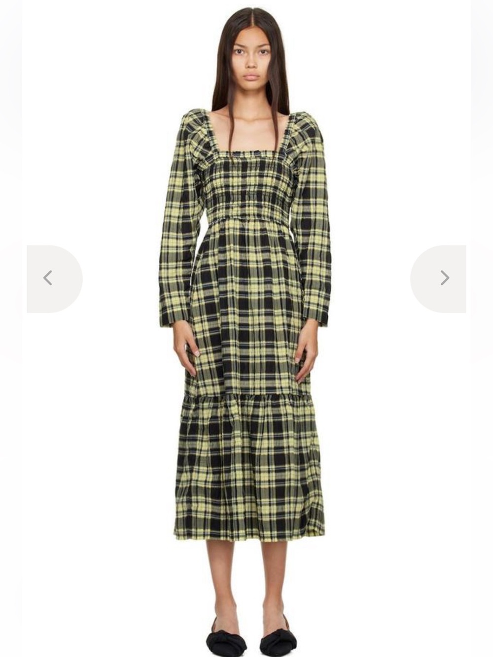 GANNI Seersucker Plaid Cotton Shirred Midi Dress Smocked Size 34 Dark Academia
